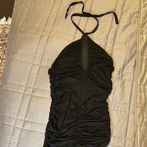SHEIN Mesh Ruched Black Halter Dress
